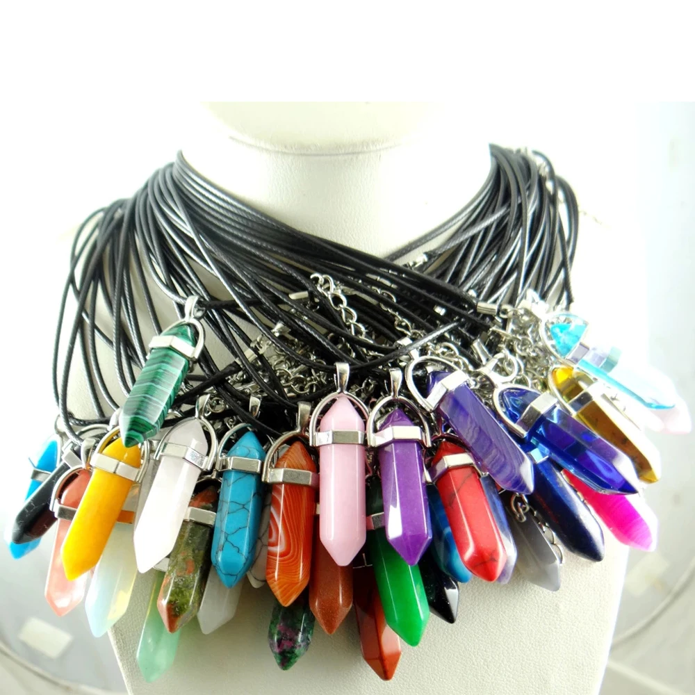 Natural stone pendant necklace quartz crystals hexagonal column pendulum leather necklaces hexagon rose crystal necklace 2
