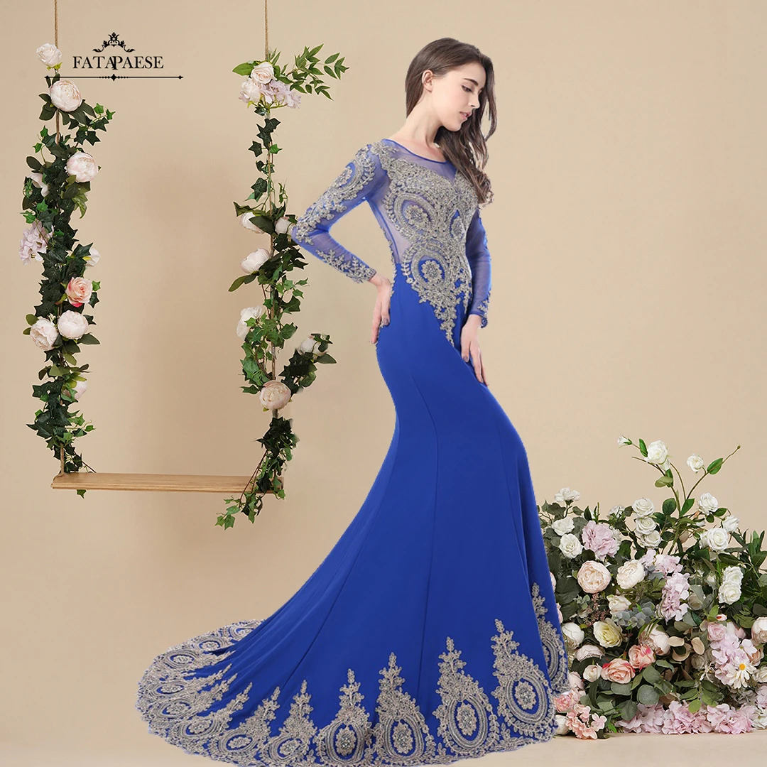 

FATAPAESE Mermaid Prom Dresses Gold Applique Full Sleeve Royal Blue Wedding Evening Dress Luxury Beading Clothing Back Vestidos