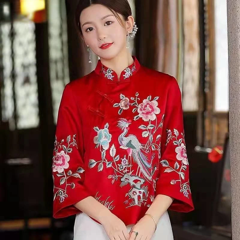Retro Embroidery Chinese Tang Dress Shirt Standing Collar Hanfu Women's Harajuku Ethnic Top Women's New Elegant Cheongsam Top