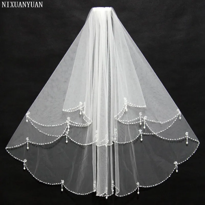 

2023 Hot Sale White Bridal Wedding Veil with Comb 2T Beaded Wedding veils Wedding Accessories velos de novia In Stock
