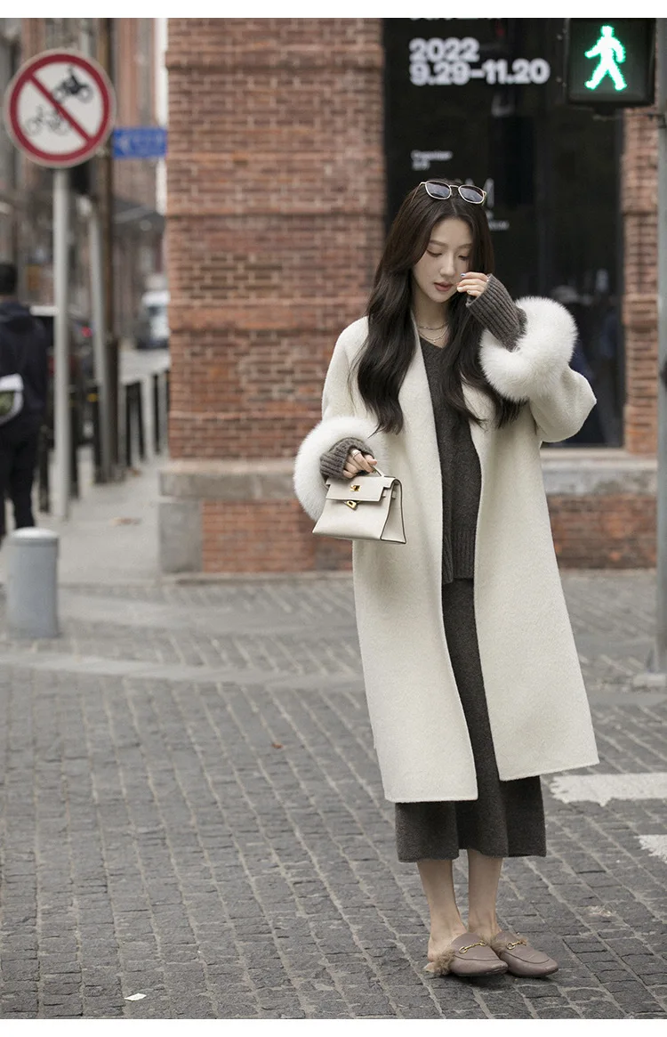Women Fox Fur V Neck Long Coat Loose Poncho Trench Winter Thick Warm Cardigan Overcoat Woolen Streetwear Cloak With Belt