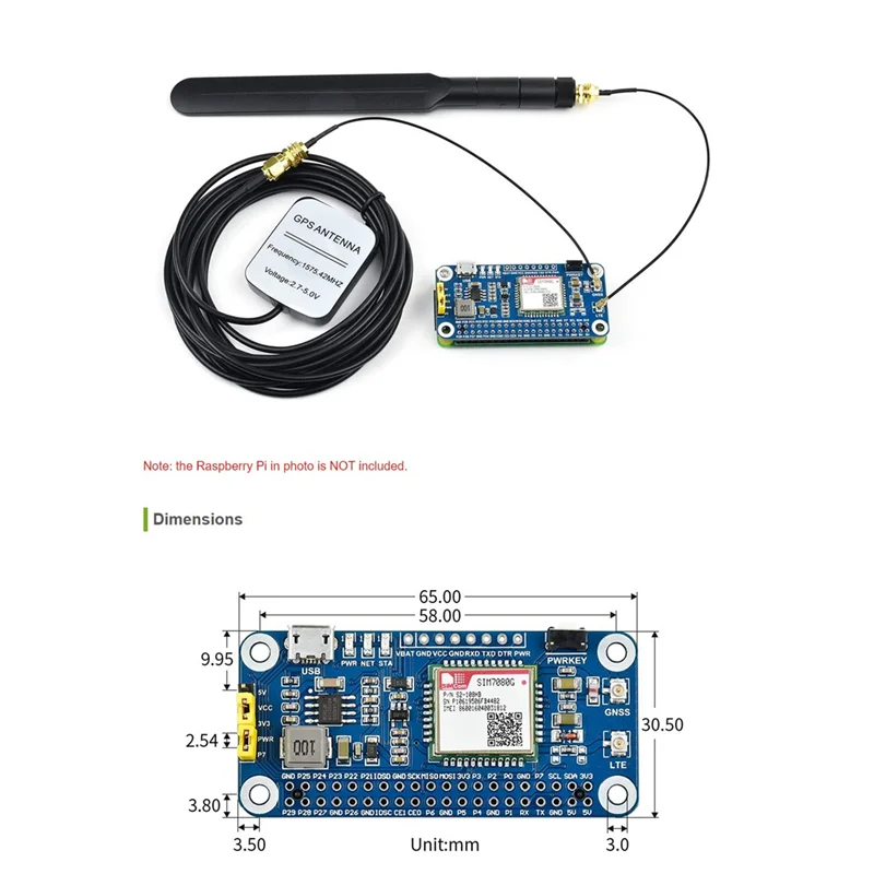 Waveshare NB-IoT/Cat-M(EMTC)/GNSS HAT for Raspberry Pi Based on SIM7080G,Globally Applicable,Onboard USB Interface