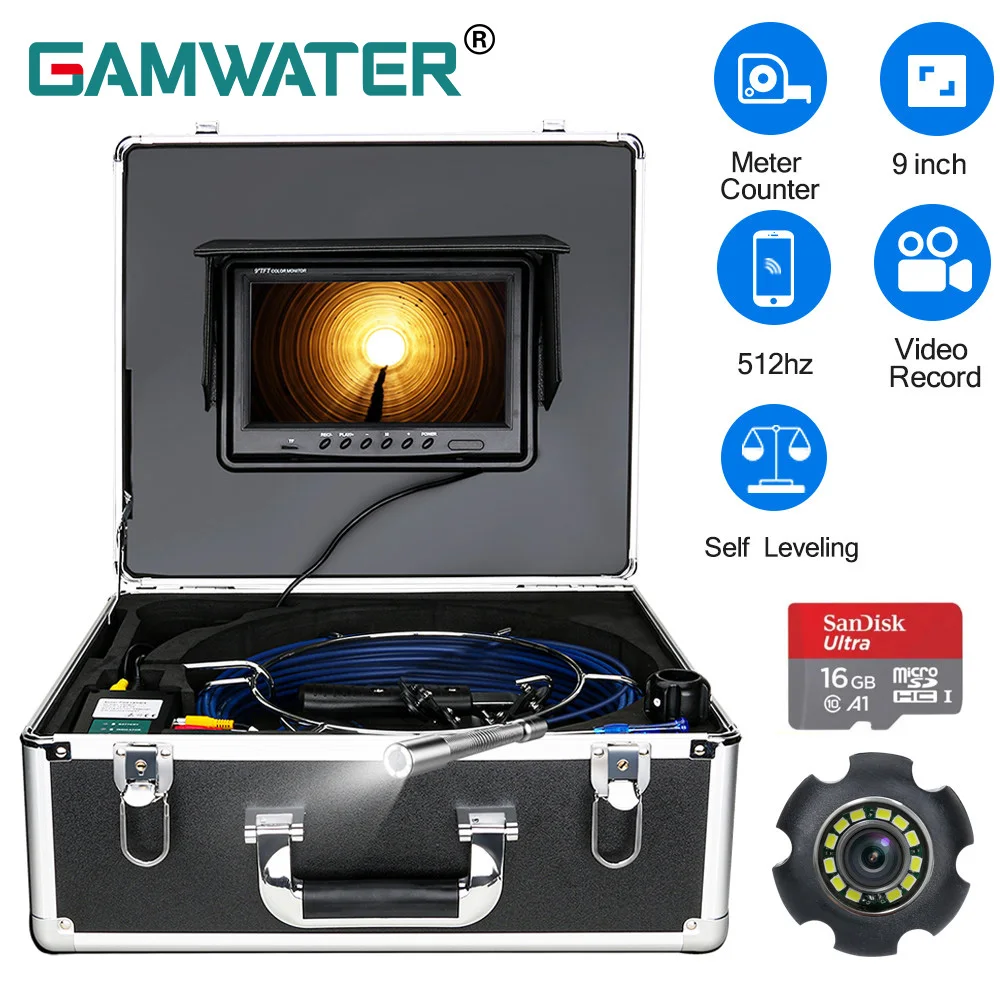 

Sewer Pipe Inspection Camera 9" DVR with Meter Counter Auto Self Leveling 512HZ Pipe Locator Pipeline Industrial Endoscope