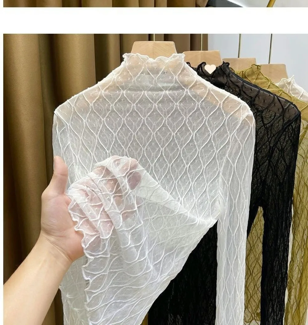 Sexy elegantes Rollkragen-Top, einfarbig, Mesh-Stoff, Spitzen-Top, hohles Muster, atmungsaktives Mesh-Top für Damen – Detail 8