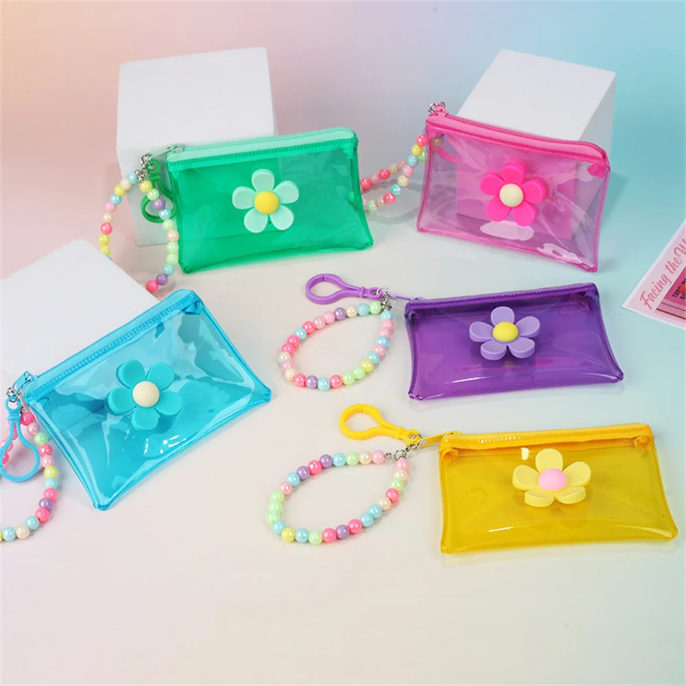 Flower Transparent Coin Purse Colorful Mini Portable Earphone Storage Bag With Key Chain Card Holder Organizer Zipper Wallet