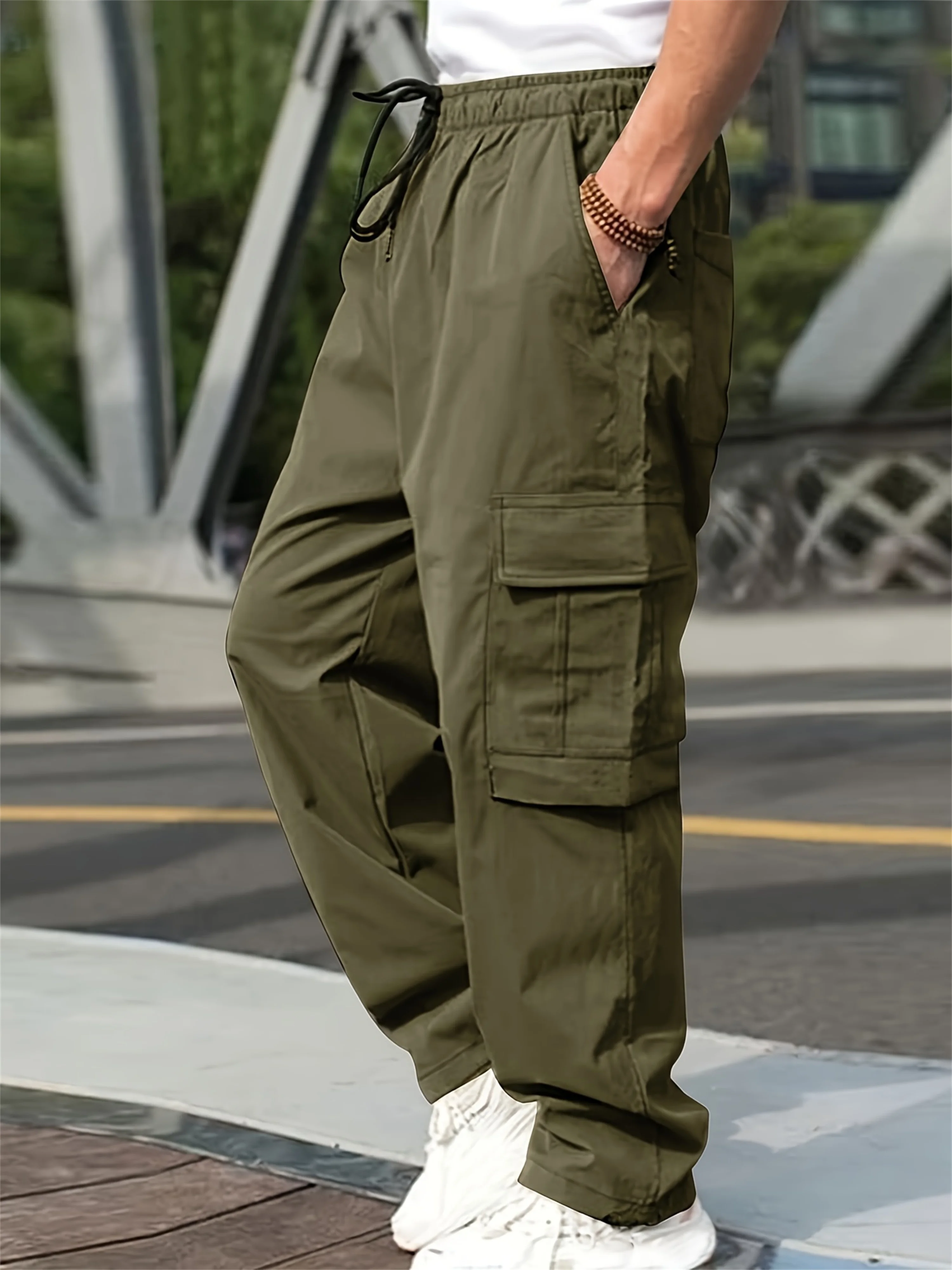 2024 Spring/Summer New Men's Fashion Casual Pants Solid Color Drawstring Multi Pocket Sports Running Straight Work Pants 3