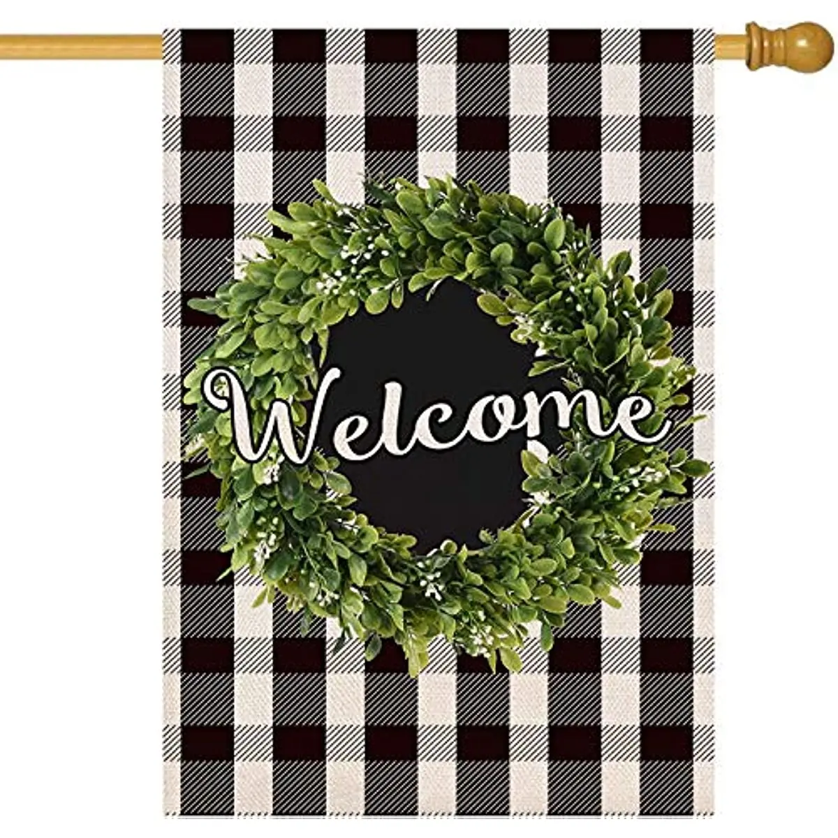 

New Spring Boxwood Wreath Welcome House Flag Vertical Double Sided, Buffalo Check Plaid Rustic Burlap House Spring Summer Fall