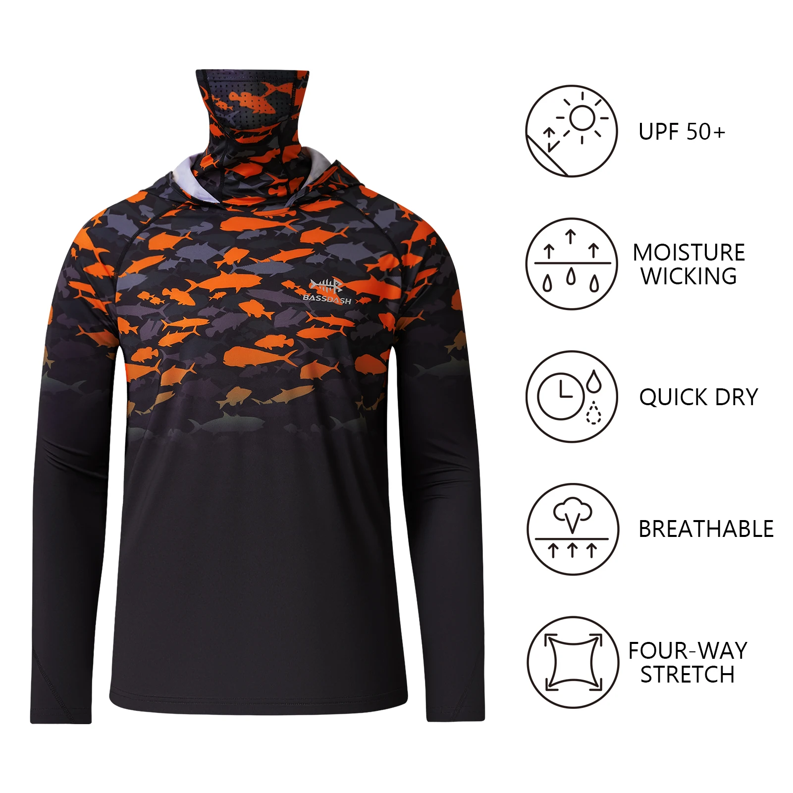 Youth UPF 50+ Hooded Shirts with Mask UV Neck Gaiter Sun Protection Long Sleeve T Shirt for Fishing Swim Bassdash