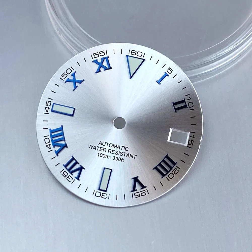 Grey Silver Sunburst 29mm Watch Dial with Roman Numerals and Multi-Colored Hand Set