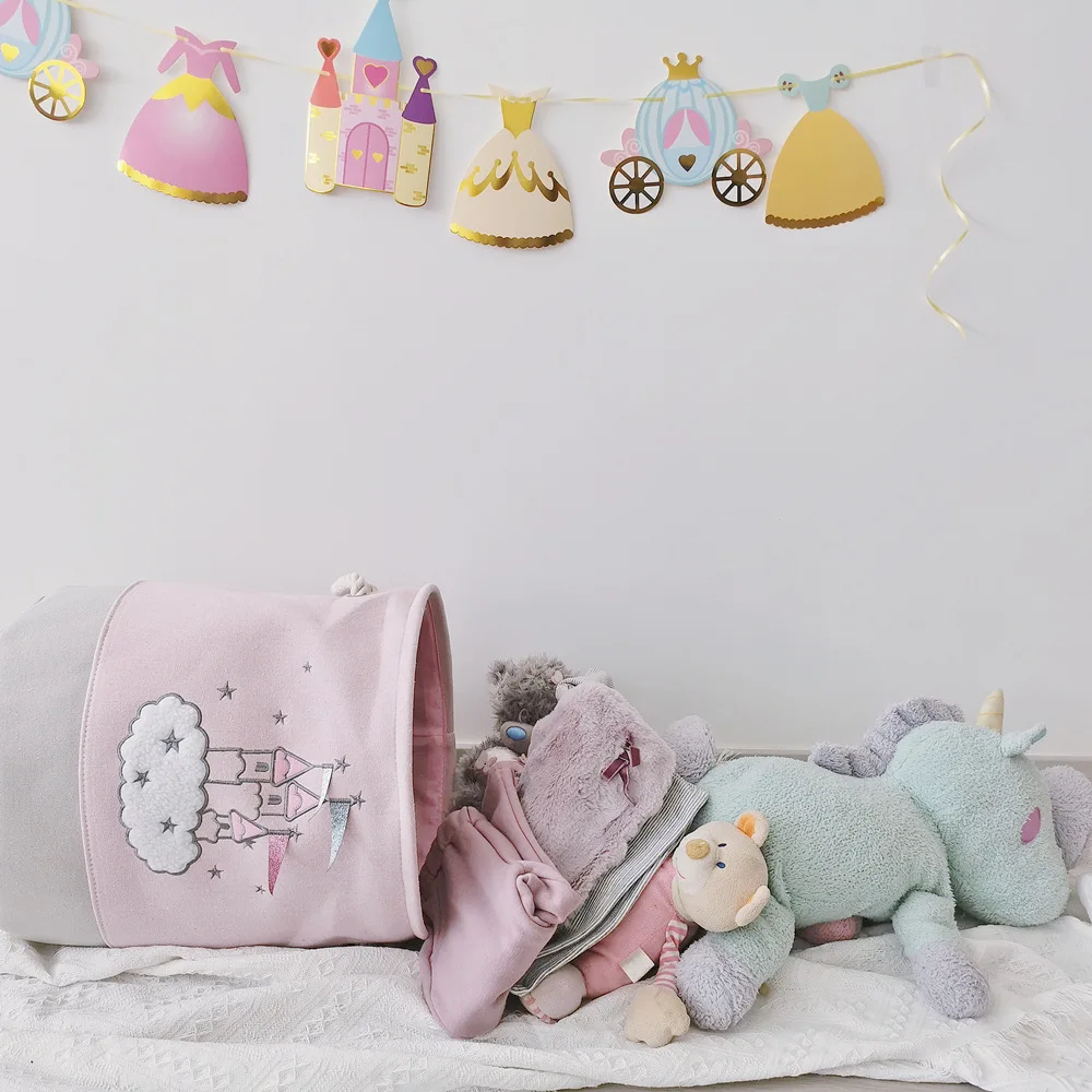 Large Pink Laundry Basket Kids Toys Storage Basket with Handles Fabric Foldable Cute Cartoon Castle Nursery Hamper Gift Basket 3