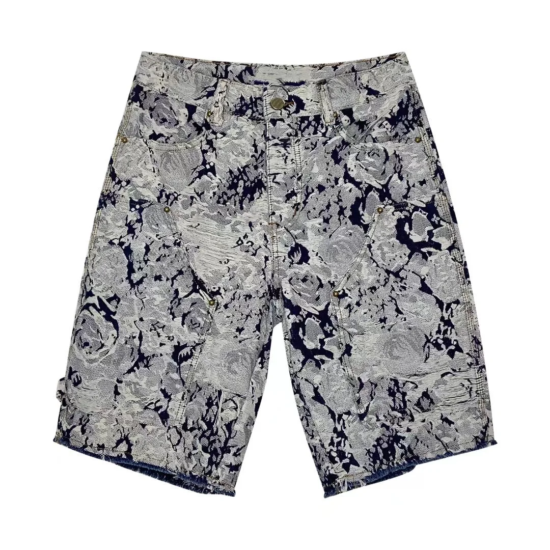 

Floral Denim Jacquard Rose Cutout Embroidered Jeans Shorts Men Women Couple