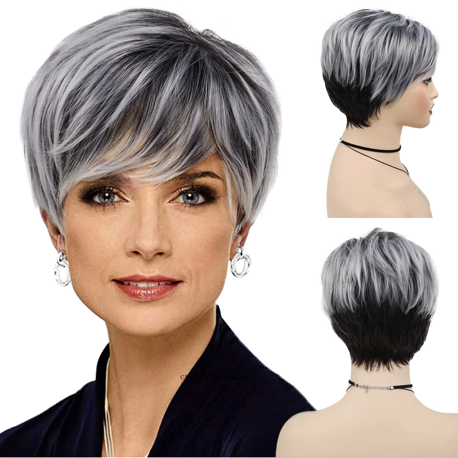 Synthetic Mix Grey Wig Silver Fox Short Pixie Cut Wigs for Women Dark Root Ombre Color Natural Straight Hair Mommy Wig with Bang