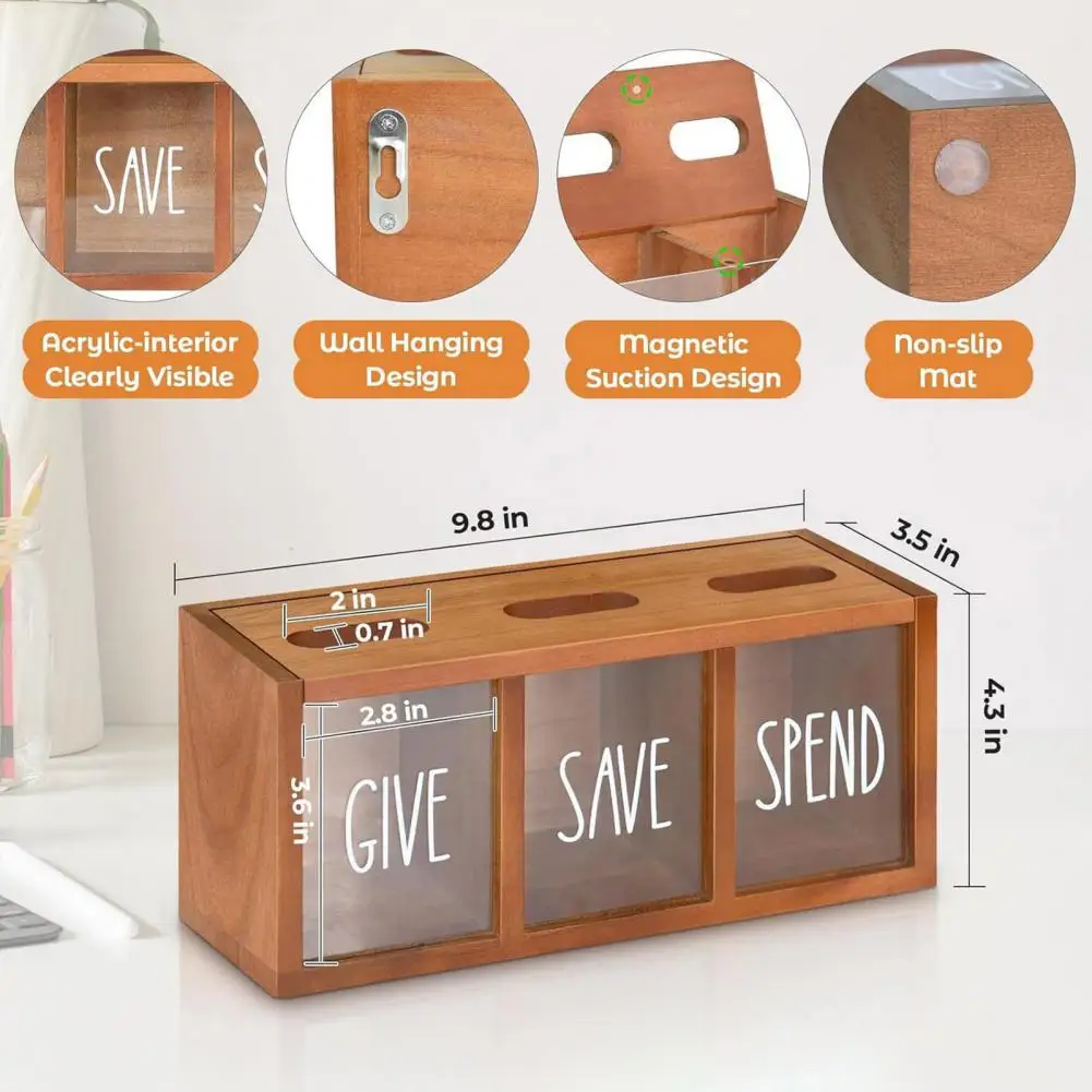 Three-compartment Money Bank Wooden Piggy Bank with 3-compartment Money Saving Box for Kids Adults for Bedroom for Bills 5