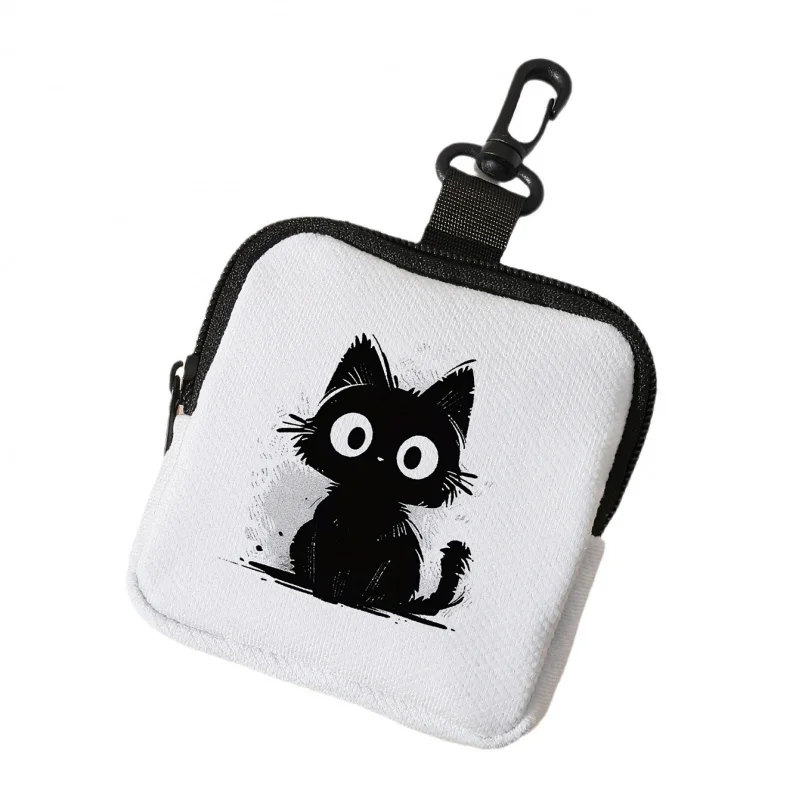 White Base Black Cat Printed Faux Leather Zipper Coin Purse Multi Functional Mini Earphone Bag