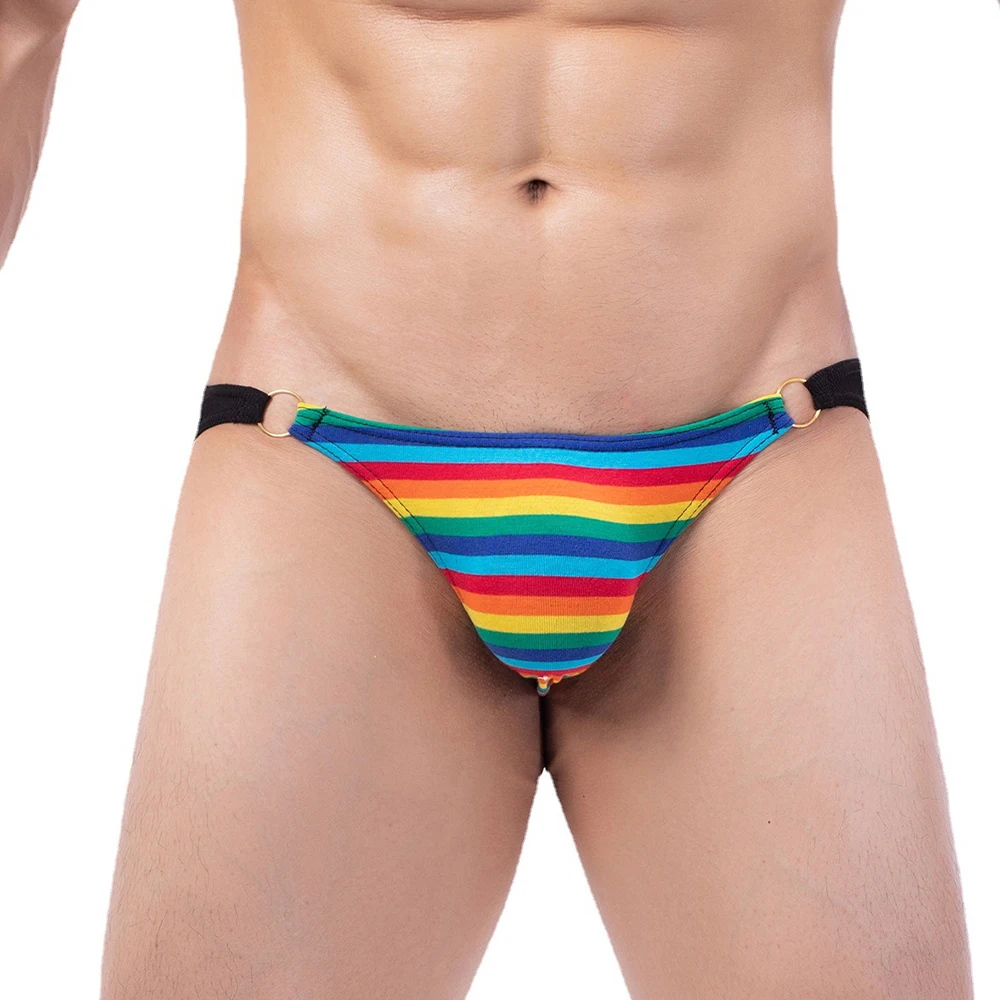 Men Rainbow Stripe Briefs Sexy Big Peni Bulge Pouch Panties Summer High Slit Breathable Underwear Soft Comfy Underpant Shorts