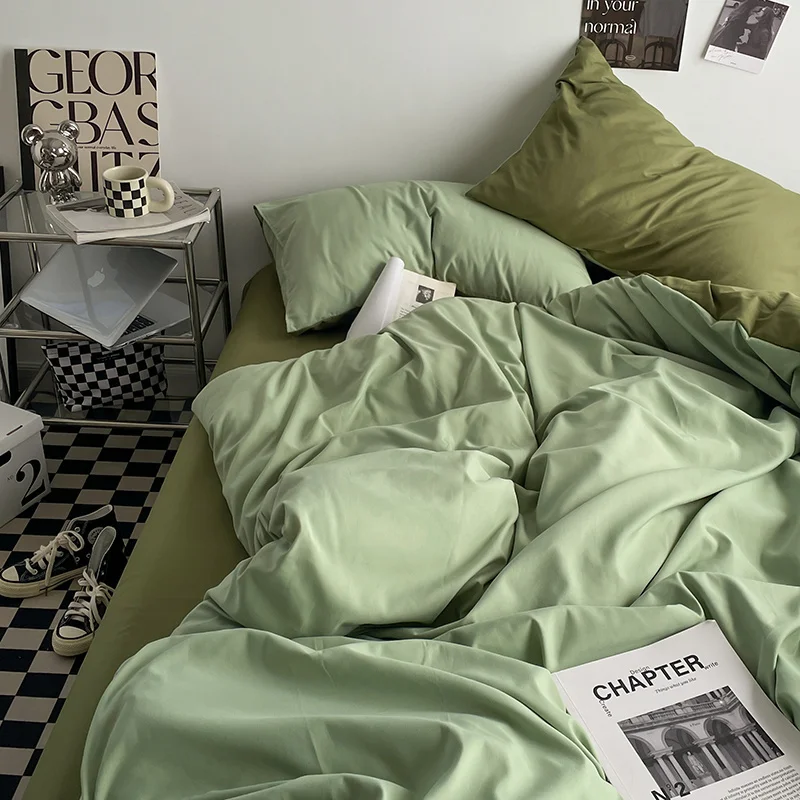 Solstice Home Textile King Twin Bedding Sets Kid Teen Bedlinen Solid Light Green Duvet Cover Bedroom Flat Bed Sheet Pillowcases 4