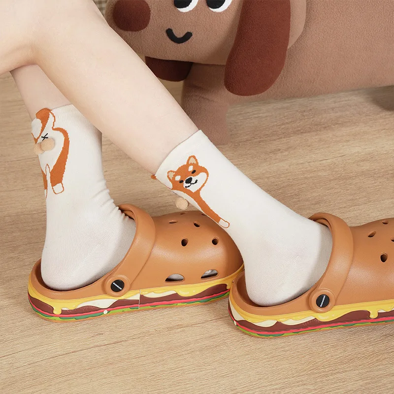 1/2Pair White Cartoon Dog Tinkerbell Egg Socks Female Men Summer Outside Ins Cotton Japanese Cute Quirky Mid-calf Socks