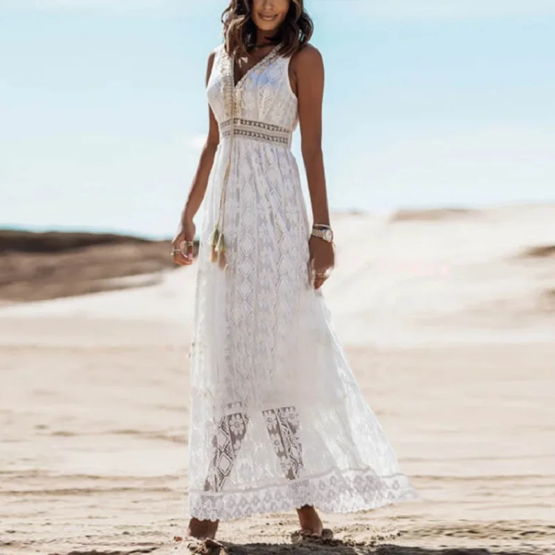 

Wepbel 2023 Sexy Beach Dress Women Lace Vacation Style White Beach Long Dress Tank Tops V-neck Slim Fits Maxi Summer Dress