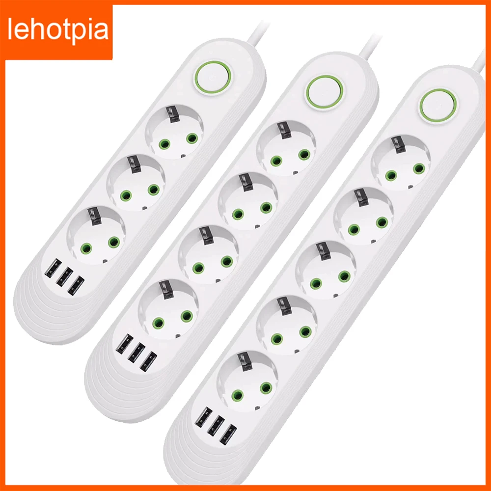 

EU Plug AC Outlet Power Strip Multitap Smart Home Extension 2M Cord Electrical Socket With 3 USB Ports Multiprise Network Filter
