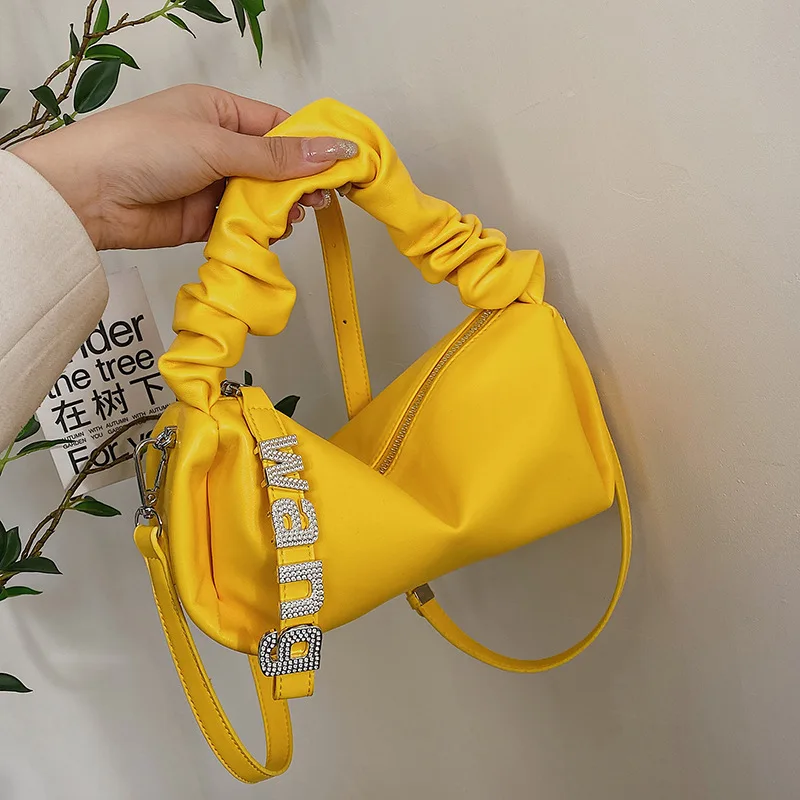 New Ladies Casual Shoulder Crossbody Handbag Pleated Twinkling Diamonds Solid Color PU Leather Purse Bag for Women