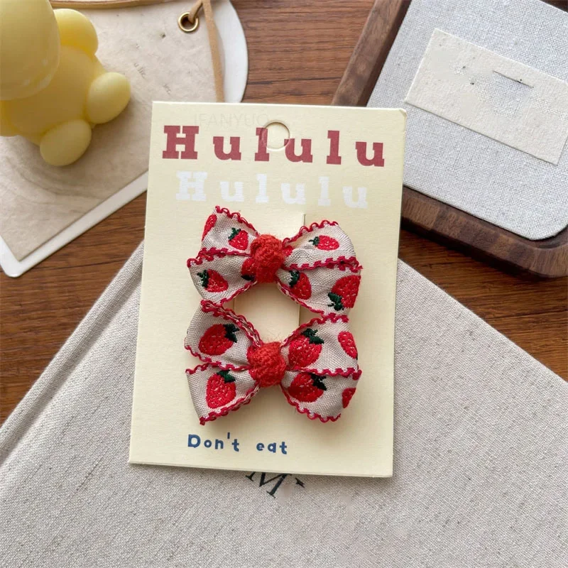 New Red Sweet Cloth Embroidered Strawberry Bow Kids Hairpins Korean Versatile Girl Headwear Hair Rope Kids Headwear Accessories 6