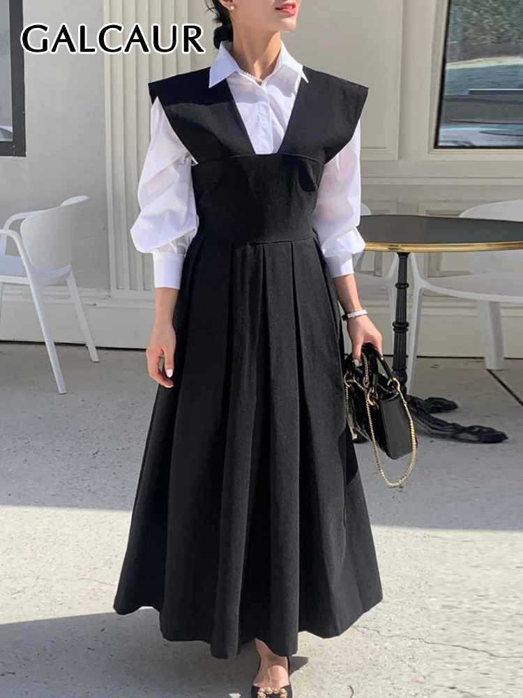

GALCAUR Elegant Two Piece Sets For Women Lapel Long Sleeve Single Breasted Shirt High Waist Pleated Dress Loose Set Female New