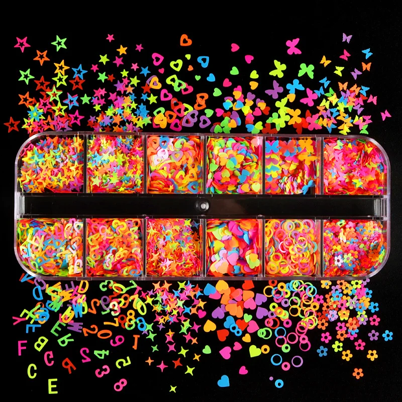 1 Scatola Di Paillettes Glitter Per Unghie 3D Nails Art Glitter Fluorescenti Farfalla Stella Fiore Paillettes Decalcomania Neon Glitter Coriandoli Acr