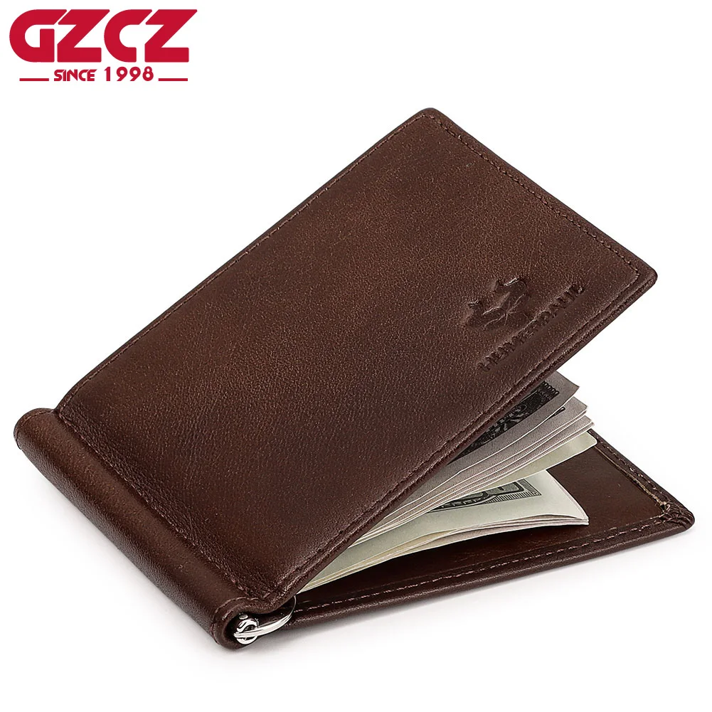 GZCZ Slim Men Women Money Clip Genuine Leather Bifold Male Purse Wallet Card Holder Purse Metal Money Clamp For Male