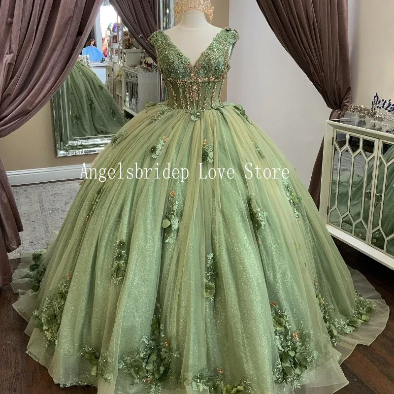 

Роскошное зеленое бальное платье Angelsbridep с изображением шалфея, платья Quinceanera с V-образным вырезом, 3D Цветочное платье для девочек 15 лет, платье для дня рождения