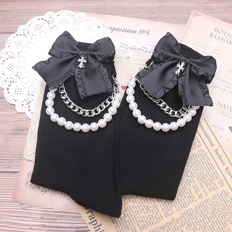 Japanese Mine Dark Style Pearl Chain Rhinestone Bow Short Socks Cotton Black Sweet Girls Lolita Clothing Matching Socks