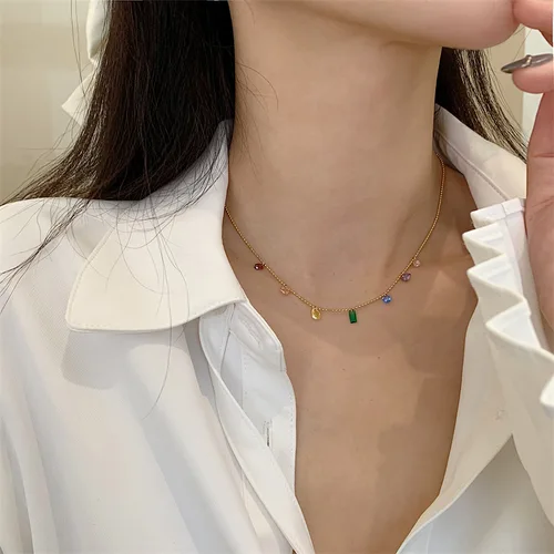 여성용 컬러풀 드롭 지르코니아 스테인레스 스틸 체인, 골드 컬러 칼라 목걸이, 섬세한 패션 주얼리 선물 4