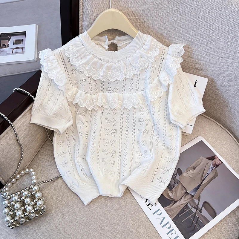 

Hollow Knitwear T-Shirt Women Fashion Ruffled Knitted Pullover Sweater Vintage Short Sleeve O-Neck Female Pullovers Chic Tops