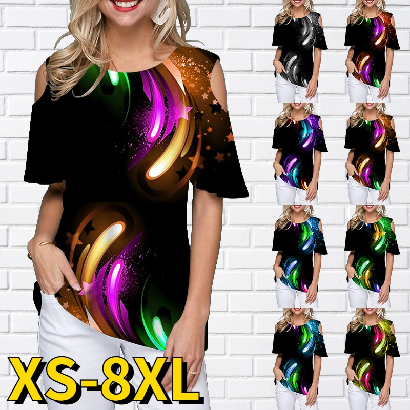 

2022 Summer Women's Fashion Loose T Shirt Round Collar Basic Short Sleeve Tops Rainbow 3D Print Tee Shirt Female Retro Pullover