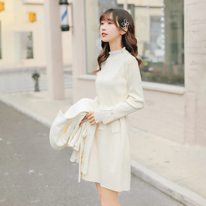 

Knitted Dress Female Temperament Lace Spliced Strap Slim Solid Korean College Sweet O-neck Bottom Autumn High-end Women Skirts