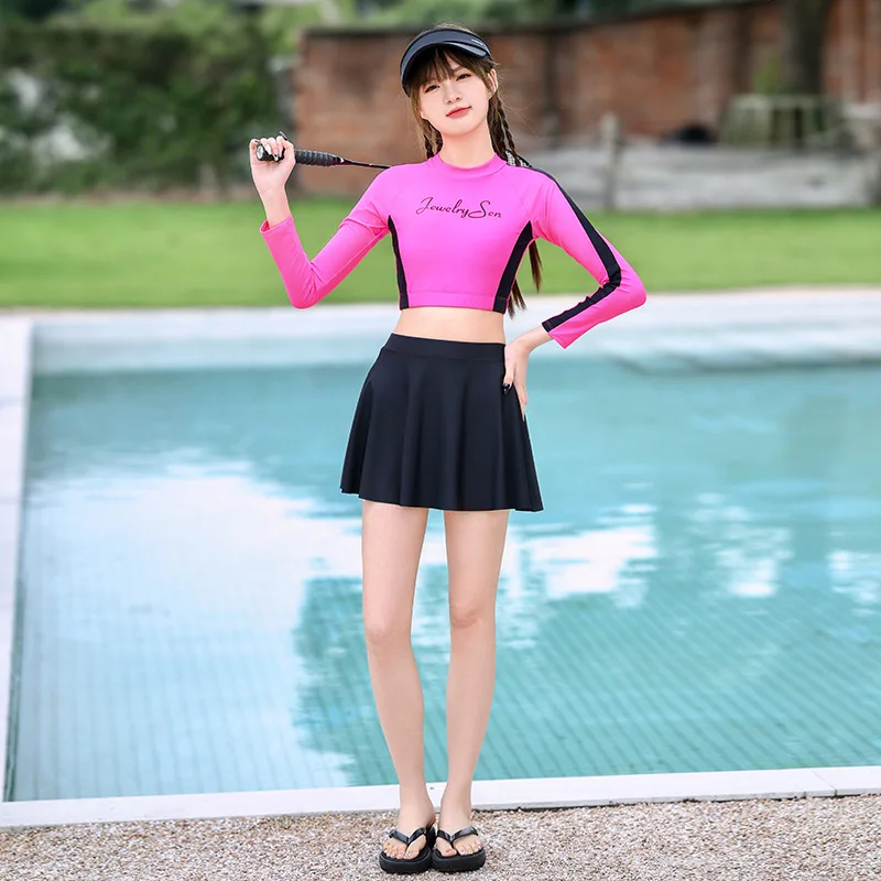 

Womems Swimsuits Long Sleeve Two Piece Rash Guard UV Protection Crop Top with Skirt Bathing Suits Rahguards Color Blocking