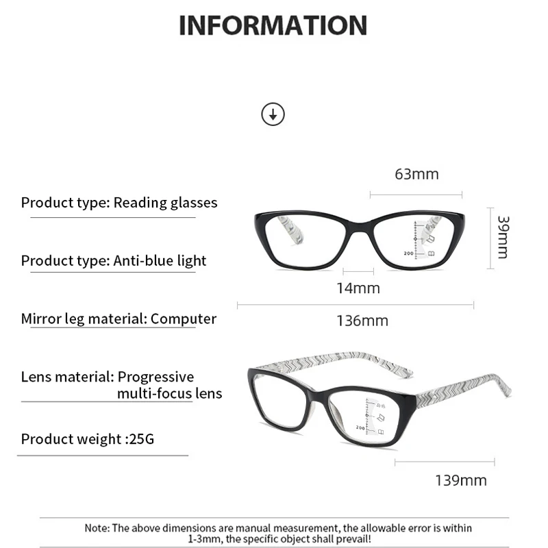 Progressive Multifokus-Computer-Lesebrille Anti-Blaulicht Quadrat Retro Lupe Dioptrien Brillen Brillen Vision Care