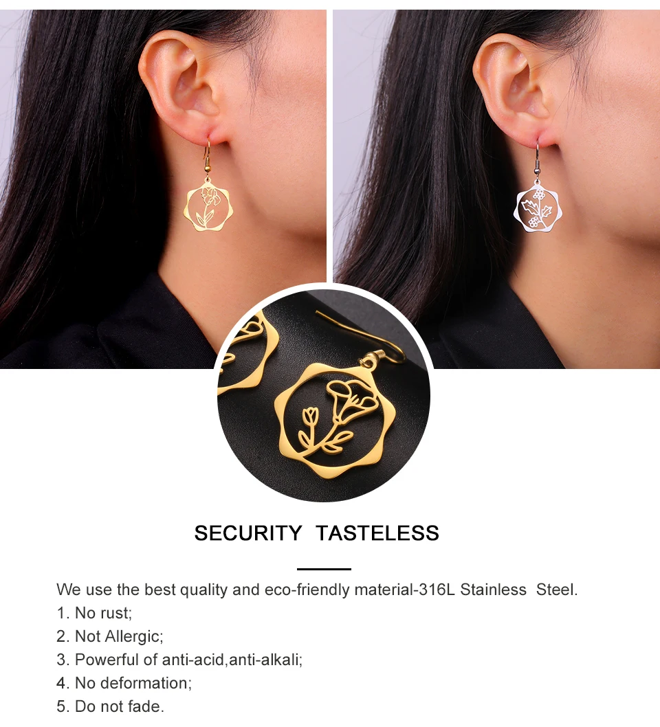 My Shape Geburts monat Blumen ohrringe für Frauen Mädchen Edelstahl Rose Iris Schnee glöckchen Blume Tropfen Ohrringe Schmuck Großhandel – Detail 7