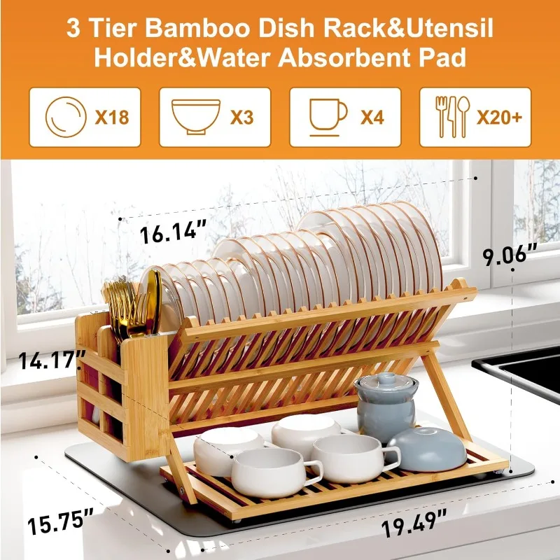 Bamboo Dish Drying Rack with Utensil Holder, 3 Tier Collapsible Dish Rack, Wooden Dish Racks for Kitchen Counter 2