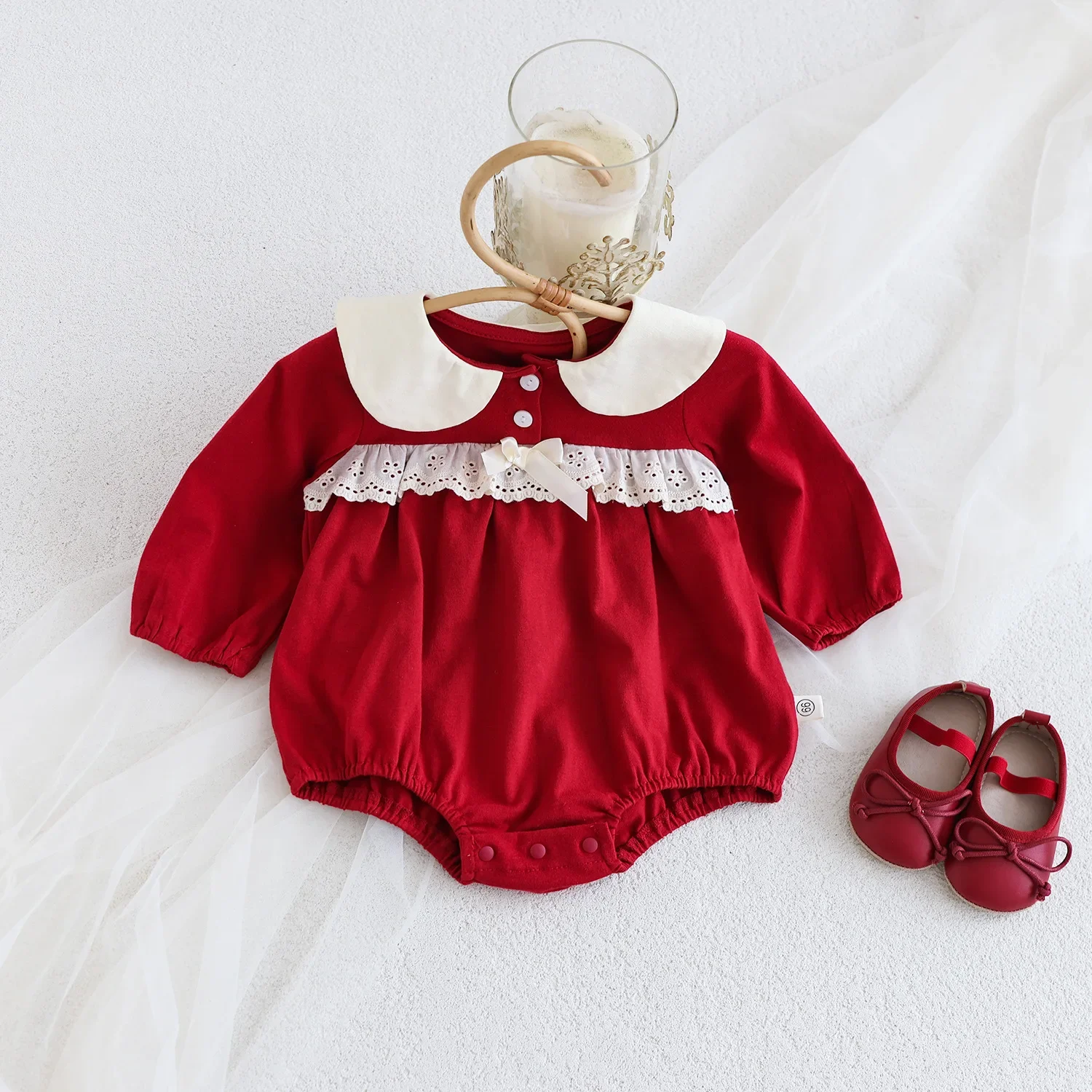 Red Doll Collar Long Sleeve Baby Romper for Spring Autumn Newborn 100 Days Old Girls Clothes Cotton Onesie Baby Outfit