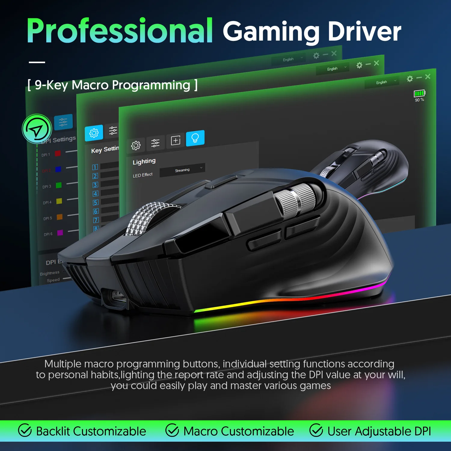 Mouse sem Fio Triplo Modo Gaming Roda de Rolagem Dupla Swinging Definição Macro Rgb Mouse Anti-slip 16000 Dpi 10 Botão - Imagem 2