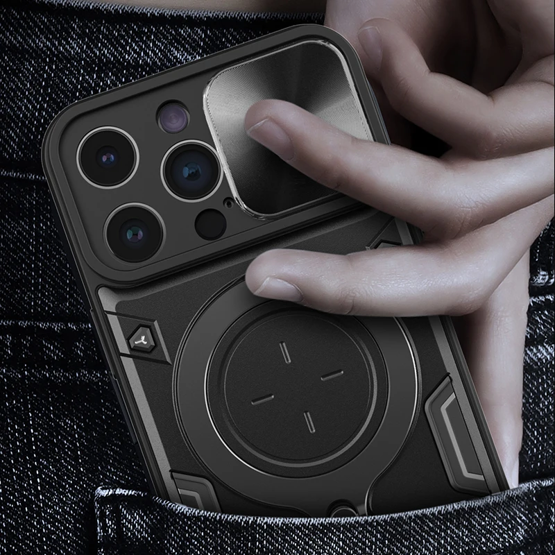 Slide Camera Shockproof Armor Case with Ring Holder and Magnetic Back Cover