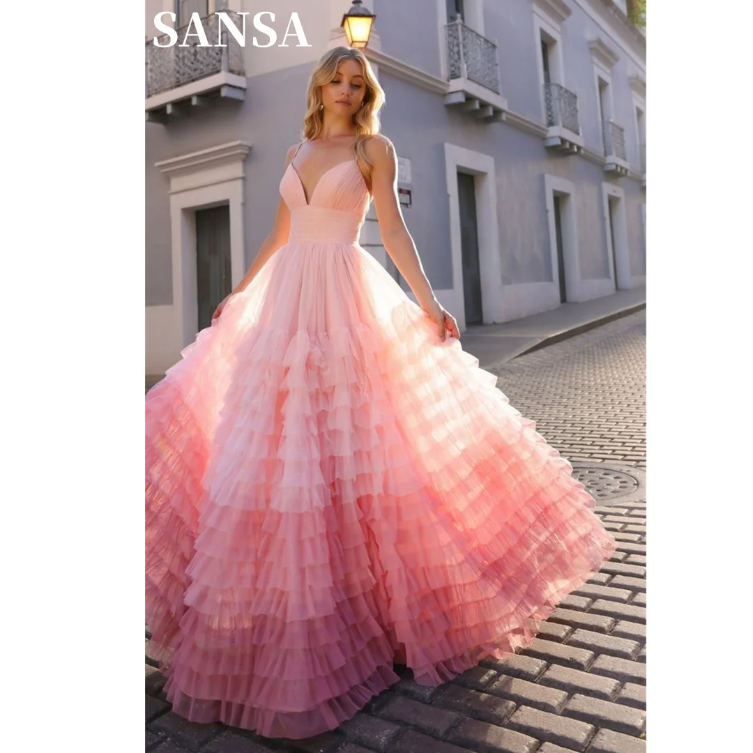 

Sansa Spaghetti Strap فساتين السهرة Multilay Gradient Vestidos De Noche Elegant Sleeveless Sexy Side High Split Prom Dresses