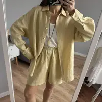 Women 2025 Summer Casual Linen Blouse Shorts Sets - Image 2