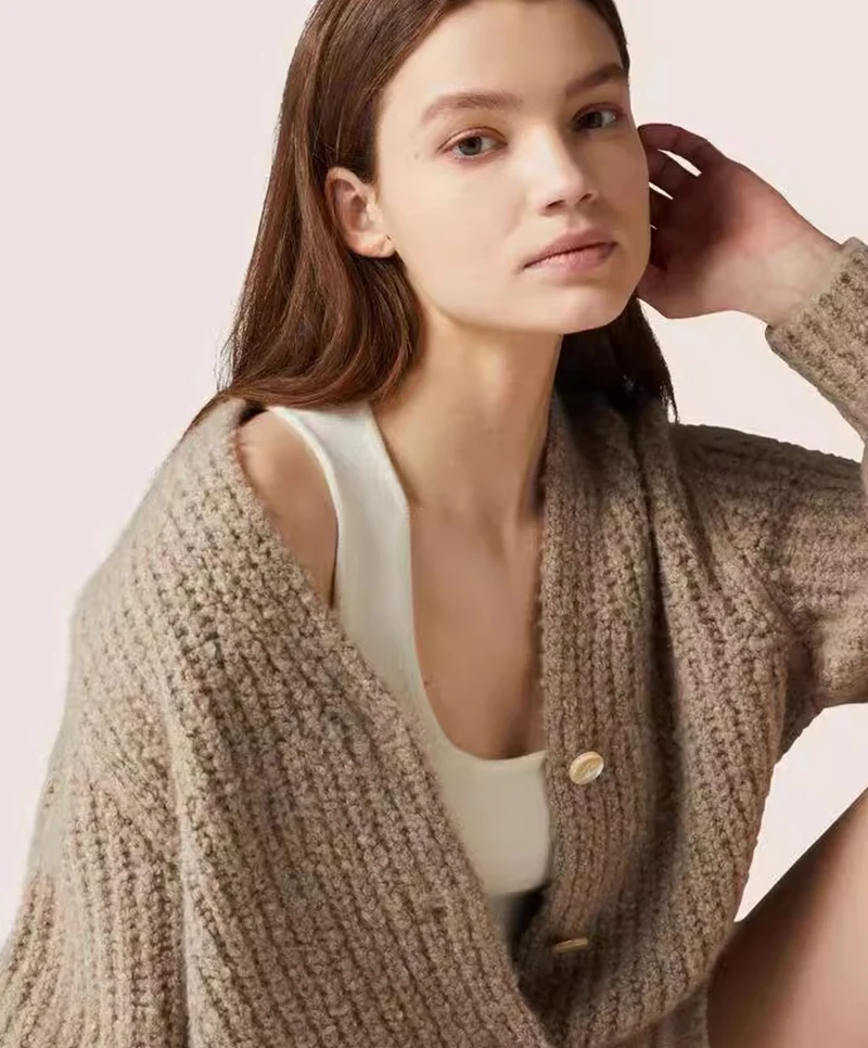 NIGO LP Autumn And Winter Women's V-Neck Retro Solid Color Cashmere Knitted Single-Breasted Cardigan Loose Jacket #nigo61154 5