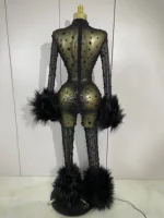 STOCK Luxury Diamond Black Mesh Transparent Stretchy Long Sleeve Jumpsuit Women Sexy Performance Singer Costume Nightclub Outfit - Image 3