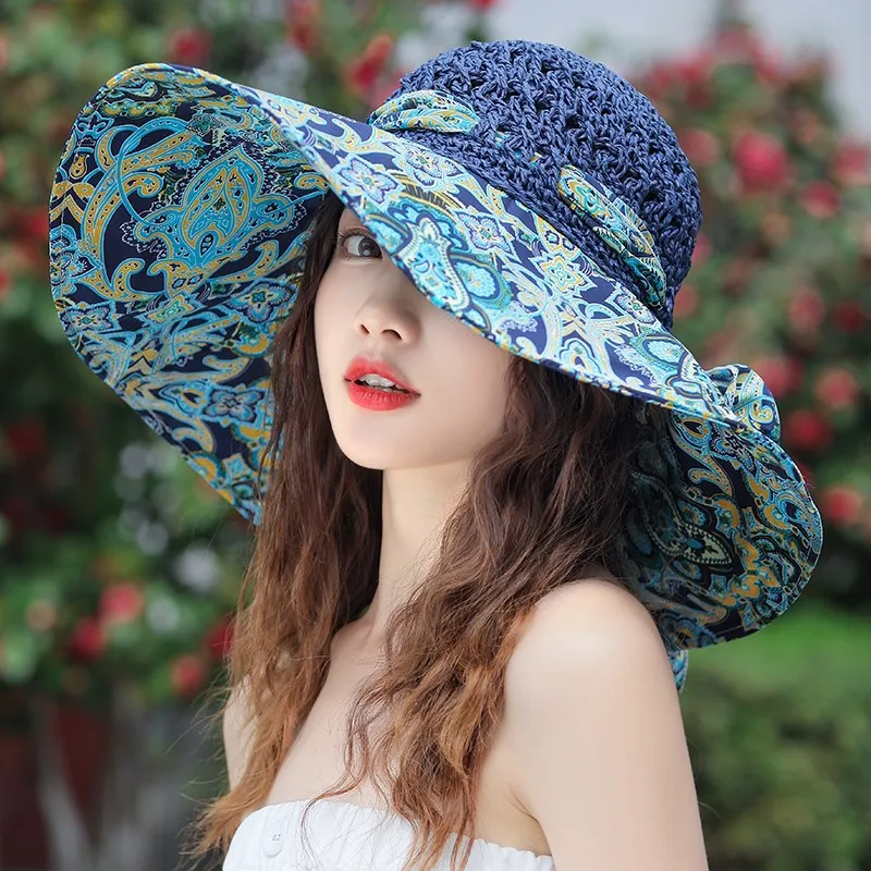 Straw Hats,Straw Hats for Women Beach Sun Protection,Outdoor Womens Bucket  Hat Ribbon Decor,Summer Sun Hats Beach Hats Travel Dress Ladies,Boho Sunhat  Sun Visor Bohemia Holiday White 