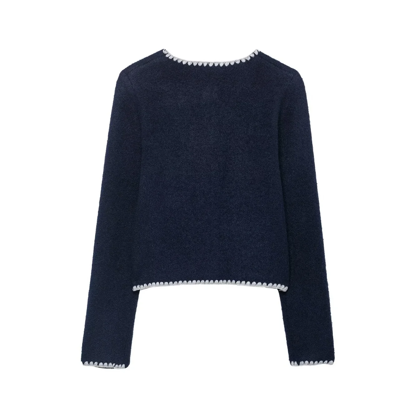 Women Elegant Deep Blue Knitted Cardigan Female O-Neck Single Breasted Long Sleeved Sweater Jacket Contrasting Color Knitted Top