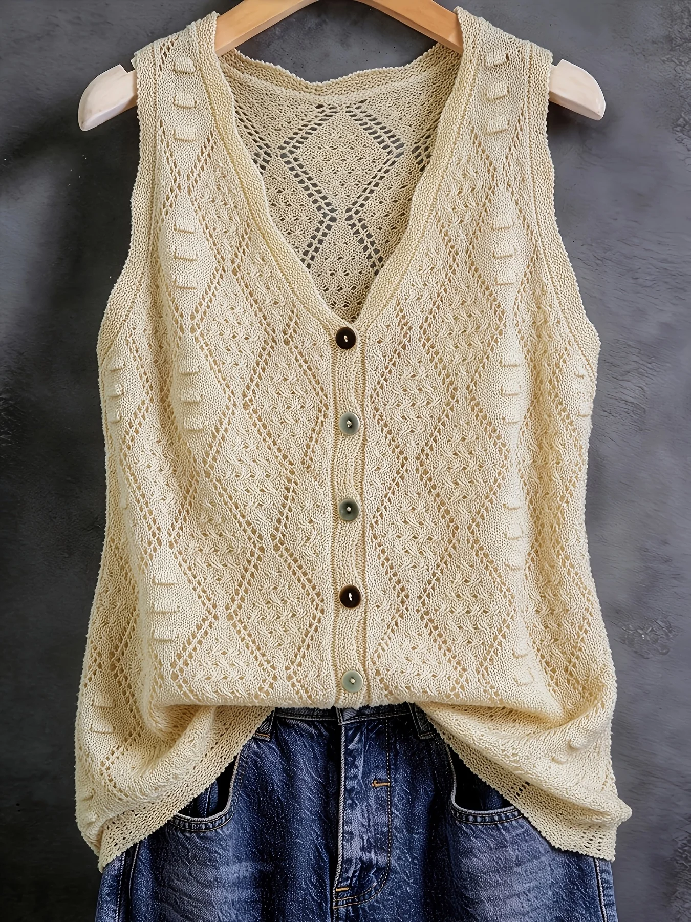 Damen Retro-Strickweste mit Knöpfen, ärmellos, mit Aussparungen, dünnes, atmungsaktives Sommer-Tanktop, elegantes, lässiges Mode-Outfit für den Urlaub