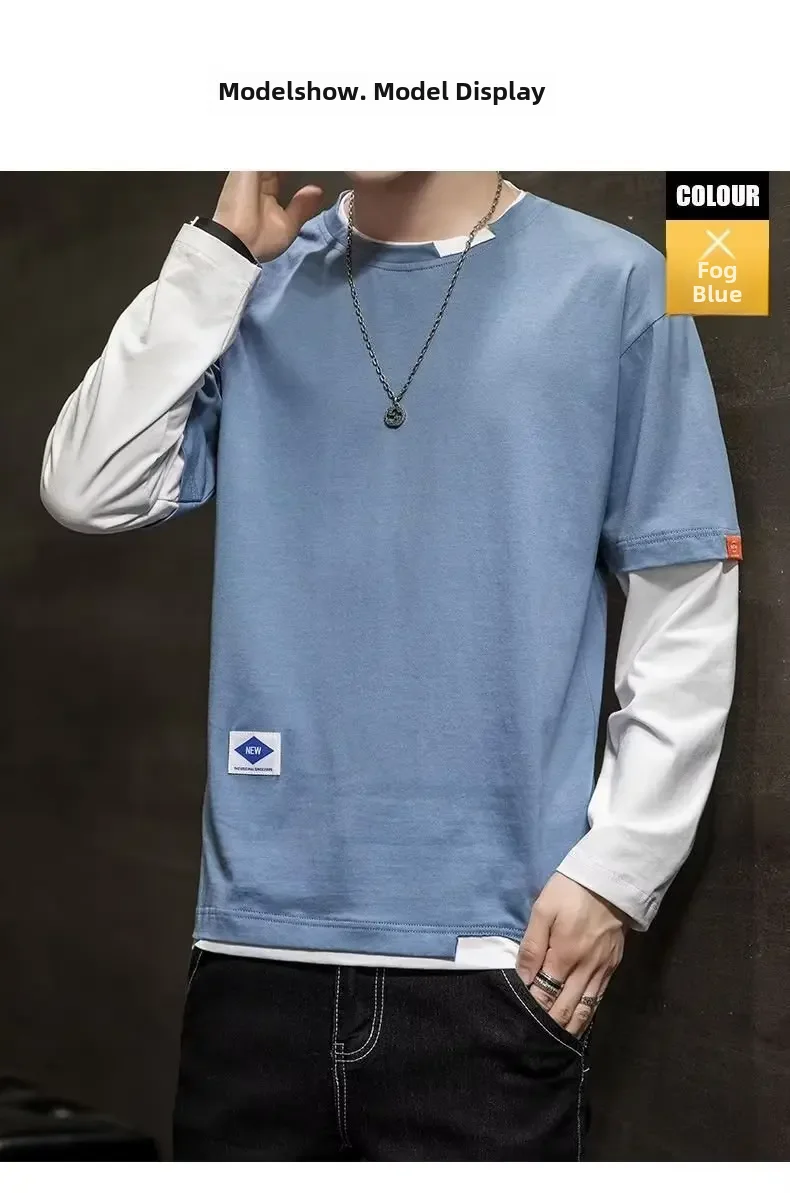 2022 Autumn New Trendy Long Sleeve T-shirt For Men Two-piece Illusion Top Korean Style Loose-fit Versatile T-shirt