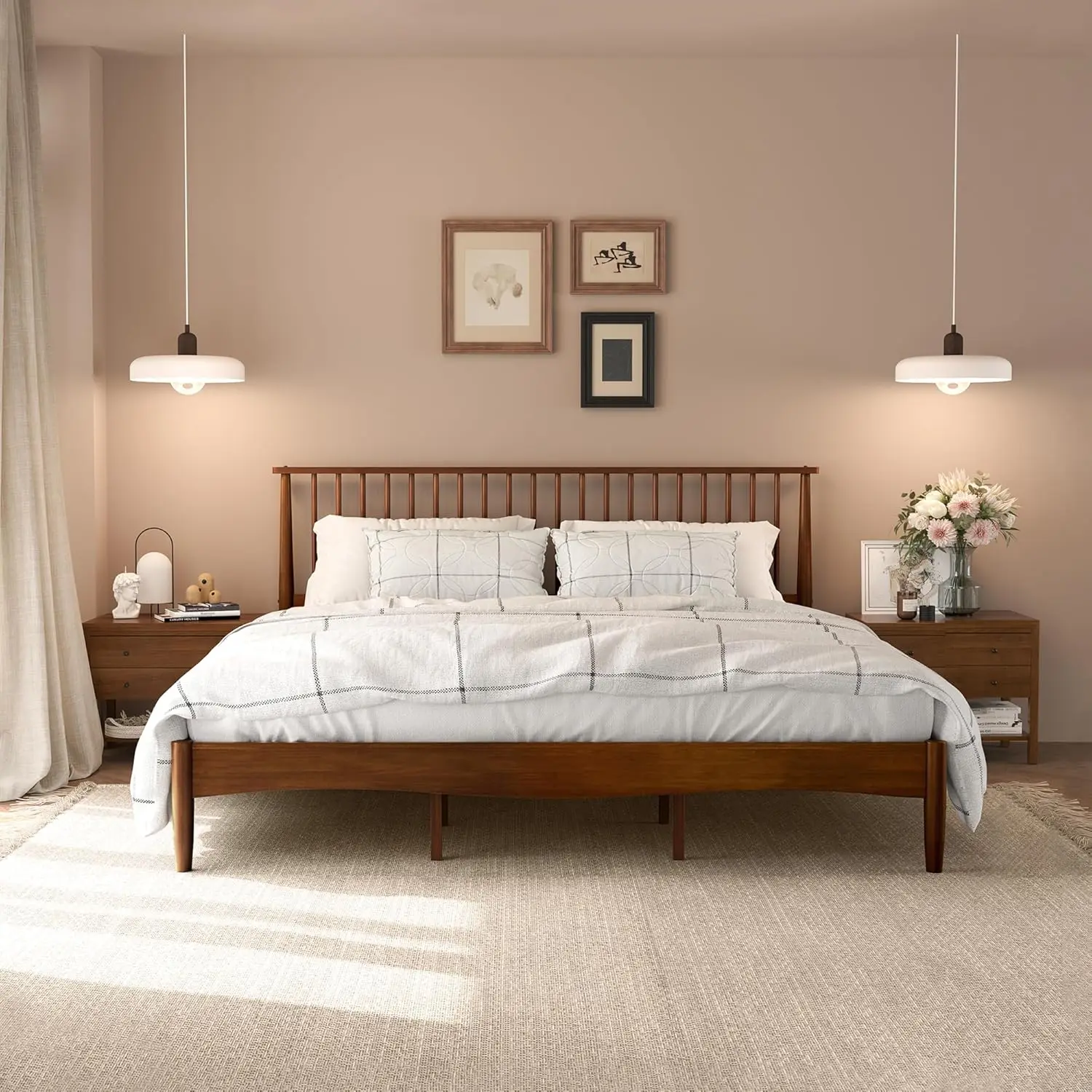 Wood Bed Frame with Spindled Headboard, Platform Bed Frame King Size Mid Century Foundation with Solid Wood Slat Support